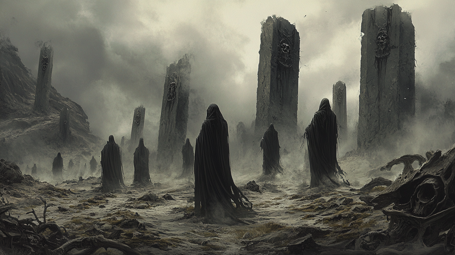 Dark, enigmatic Black Order knights in haunting ruins.