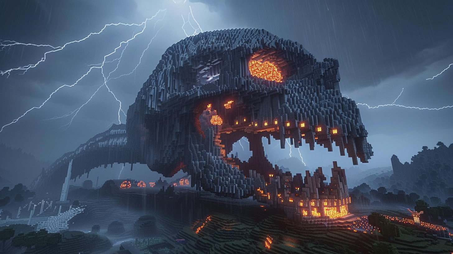 Dark, foreboding Balerion skull overlooks eerie Minecraft landscape.