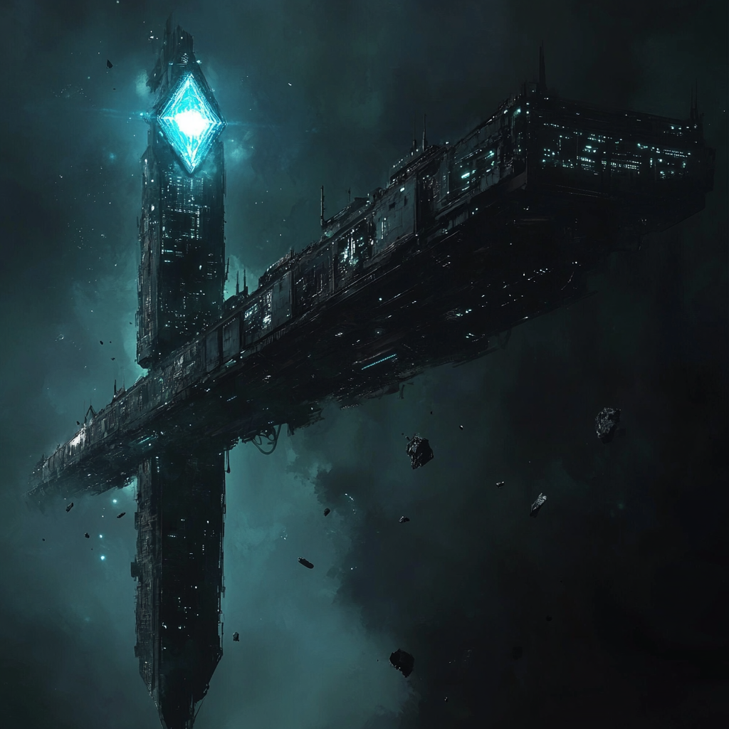 Dark, gritty sci-fi space station floating in space.