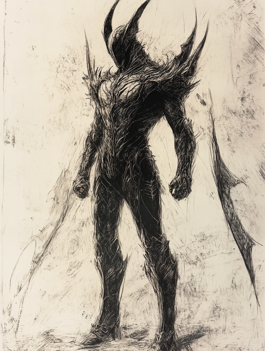 Dark, imposing, powerful armor-wearing protagonist with confidence.