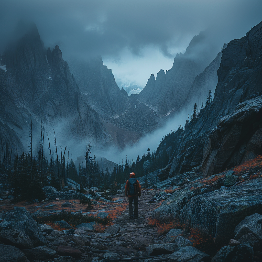 Dark, moody cinematic photo of hiker in distance.