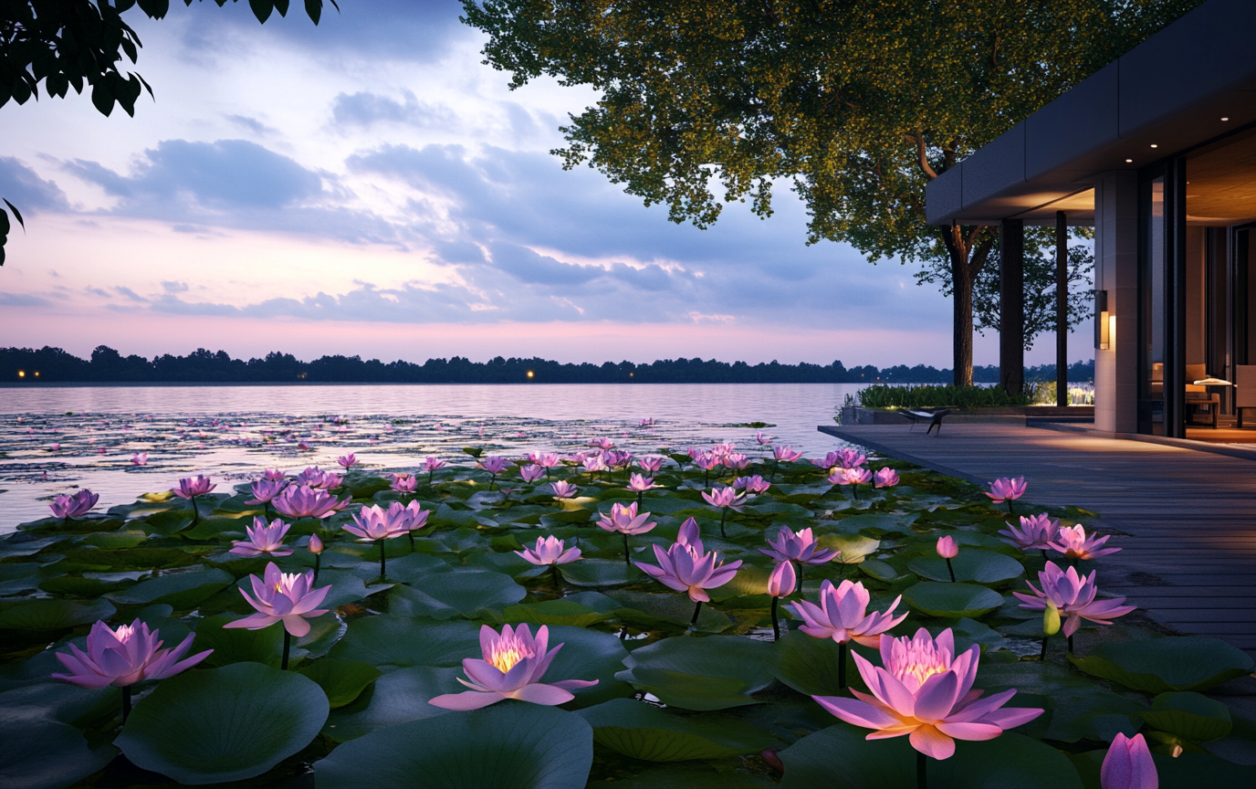 Dark, moody luxury hotel design inspired by lily pads.