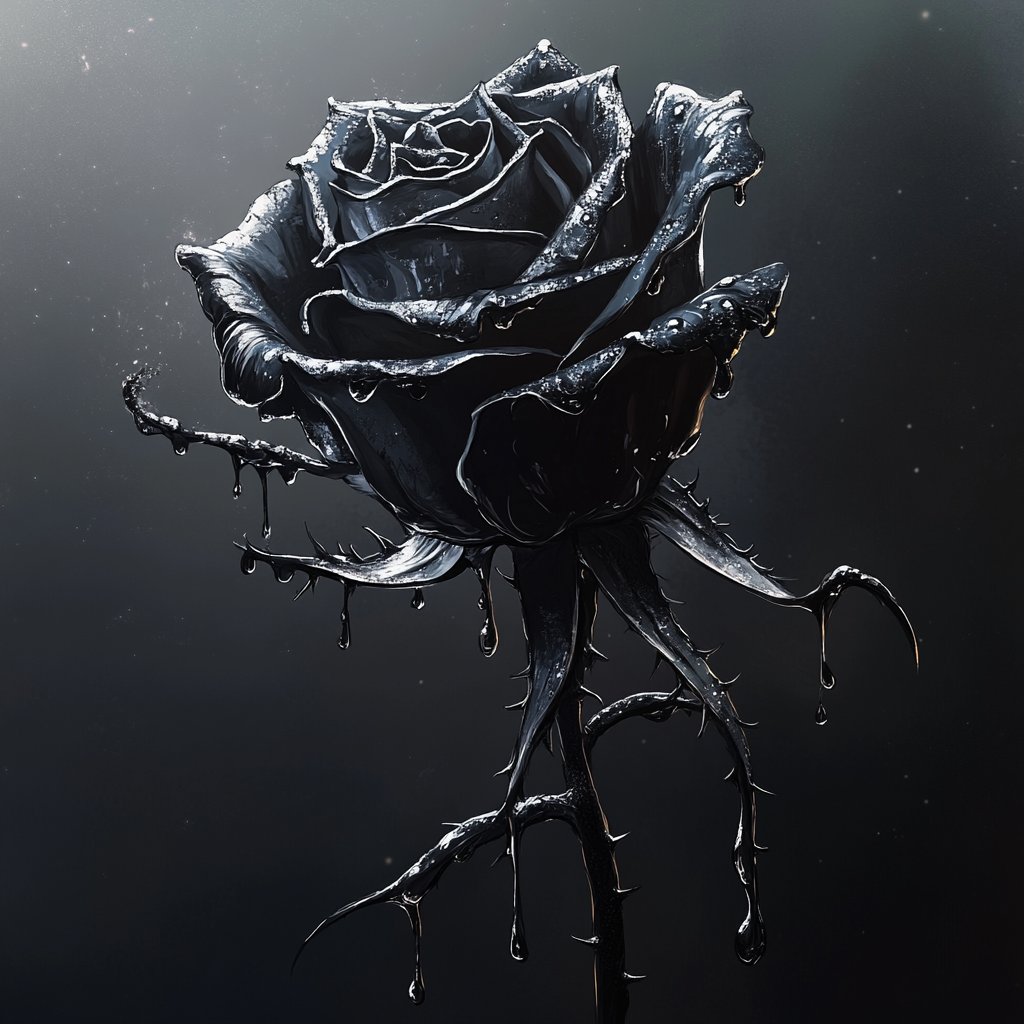 Dark, silver-lined rose with sharp, twisted thorns.