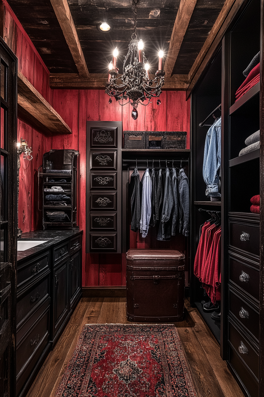 Dark, stylish laundry room with gothic chandeliers and leather.