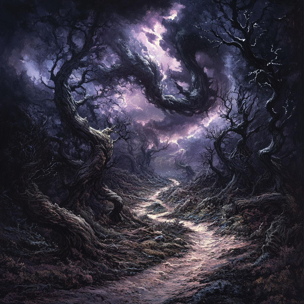 Dark, surreal landscape with twisted, contorted elements evoke unease.