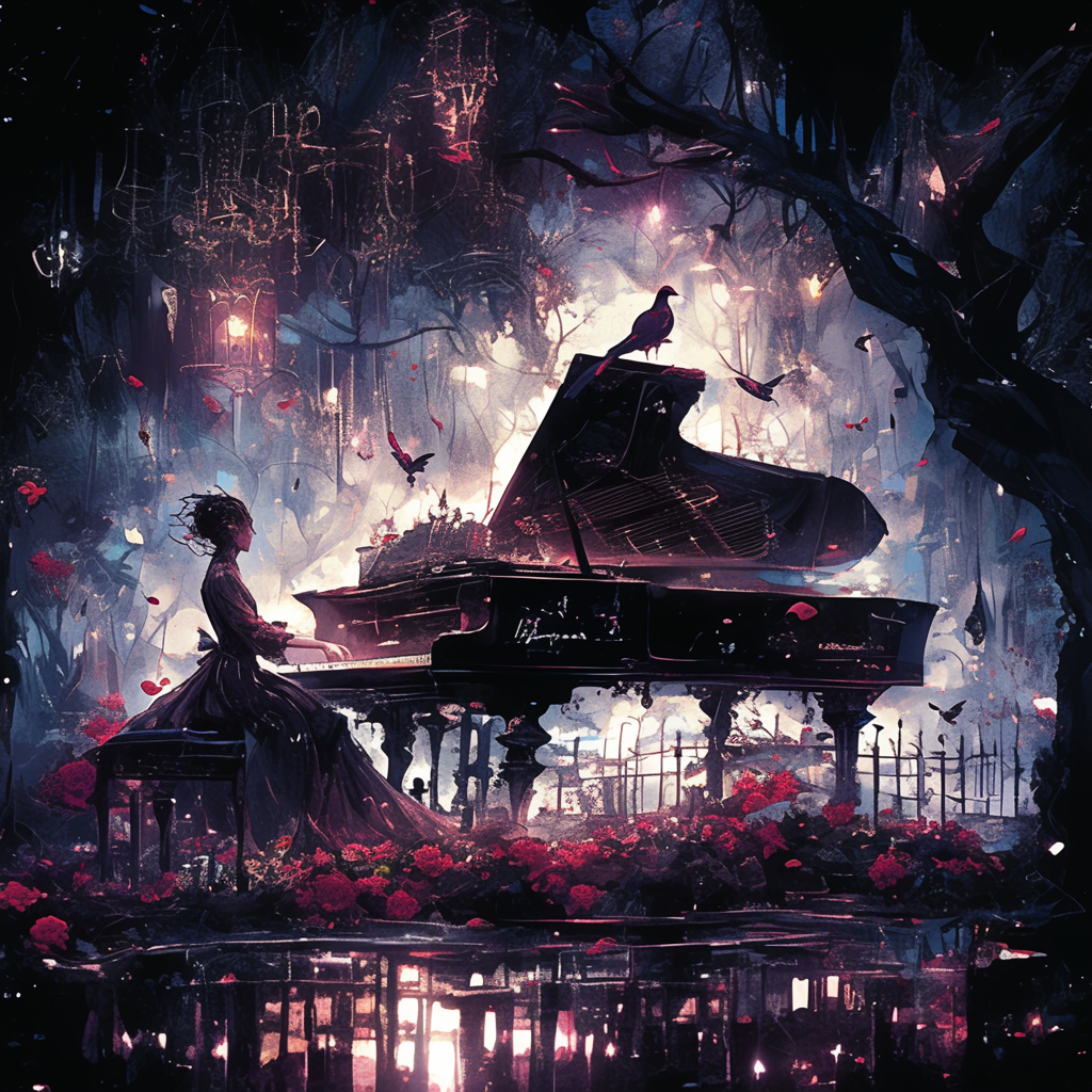 Dark Anime Style Horror Movie Poster with Piano