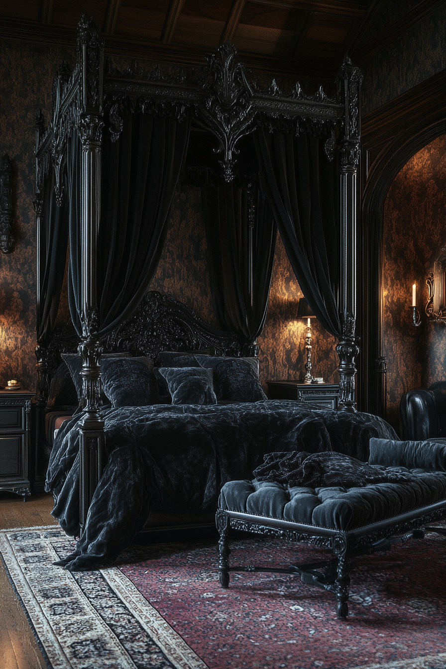 Dark Decadent Western Gothic bedroom with velvet, candelabra, tapestries.