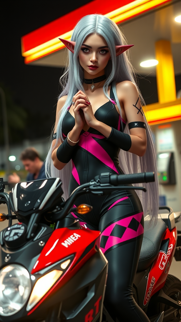 Dark Elf Girl in Sleeveless Dress on Sports Bike