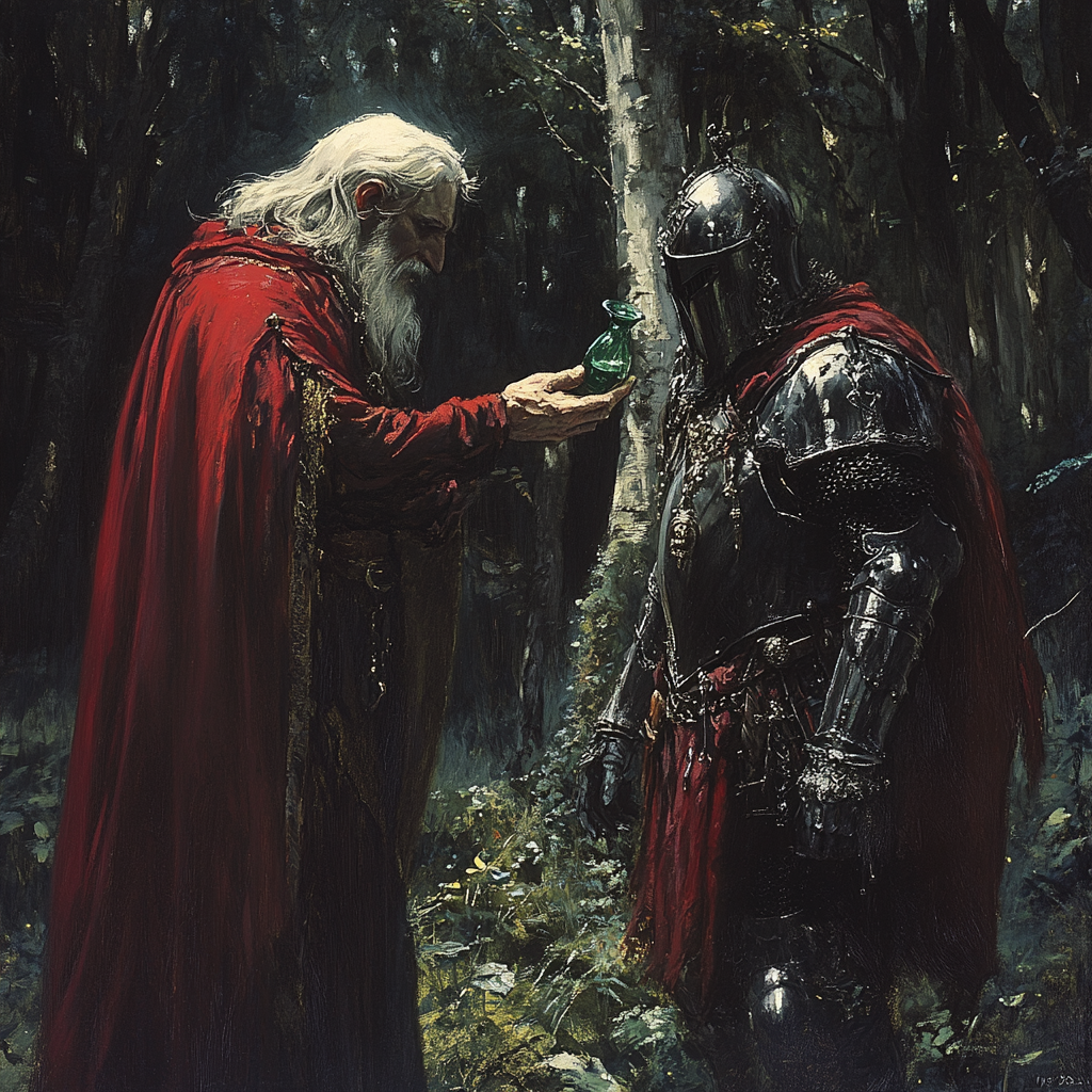 Dark Fantasy Elden Ring Wizard Offers Potion to Knight