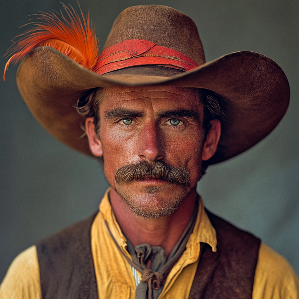 Dark-Featured Adventurous Cowboy Portrait, Serious Expression, Mid-Twenties 