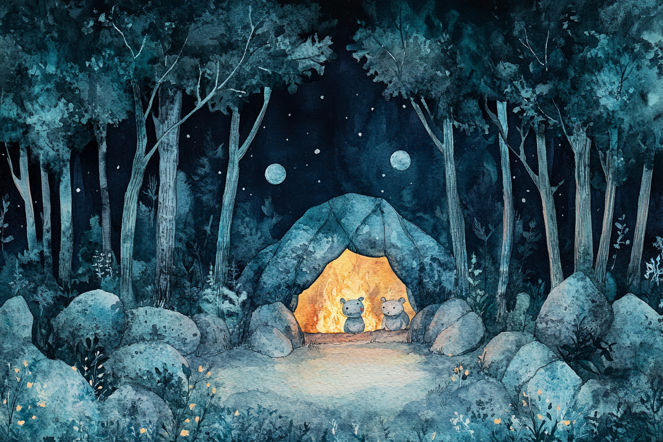 Dark Forest with Cute Animals, Kids, Fire, Book - Watercolor - AR 3:2