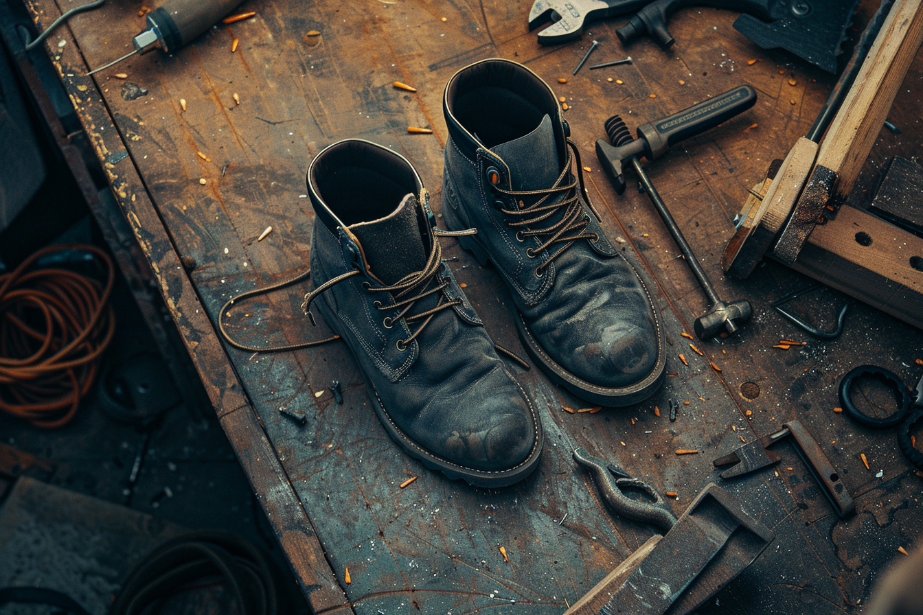 Dark Grey Boots and Handyman Tool: Industry Style