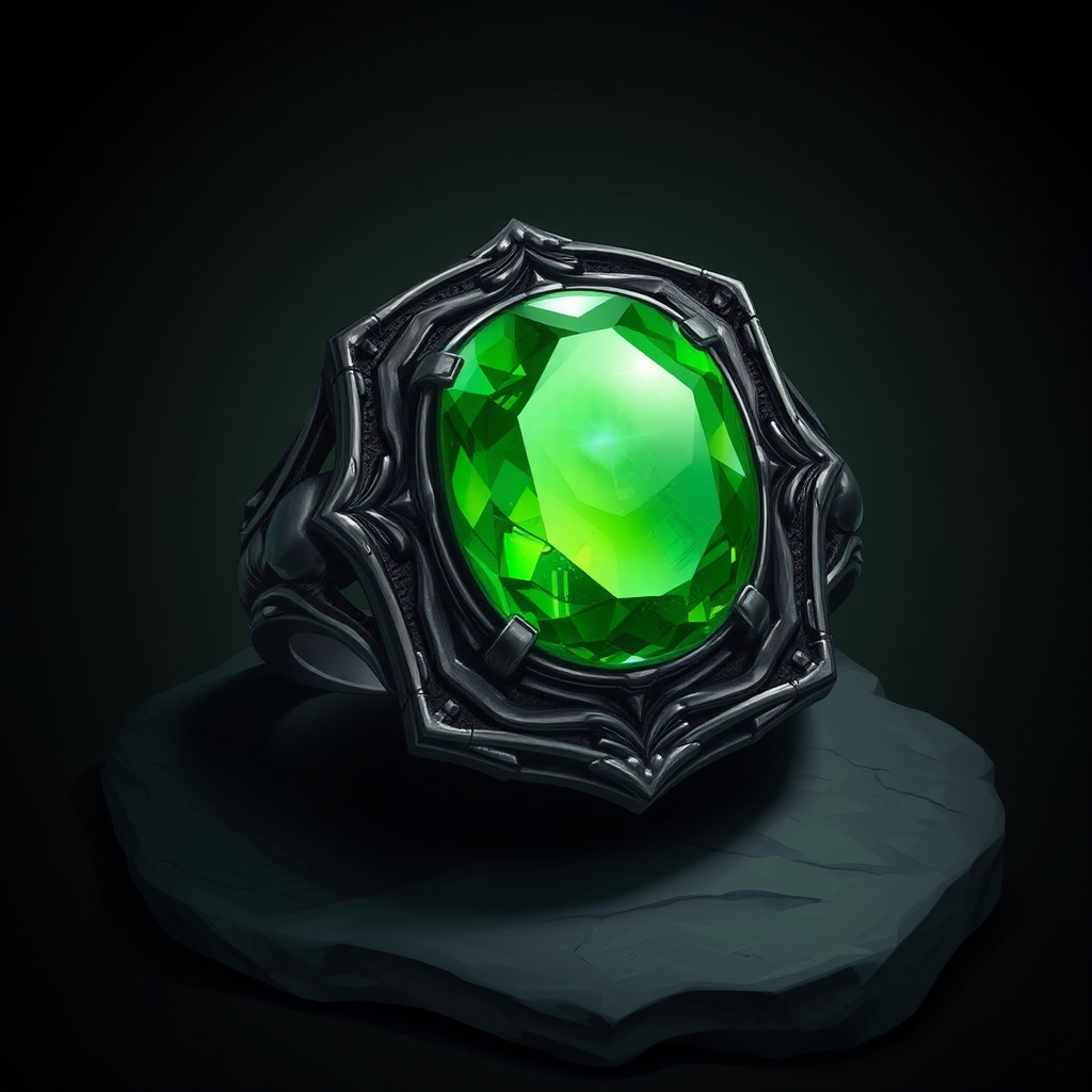 Dark Metal Ring with Green Magic Stone on Stone Ground