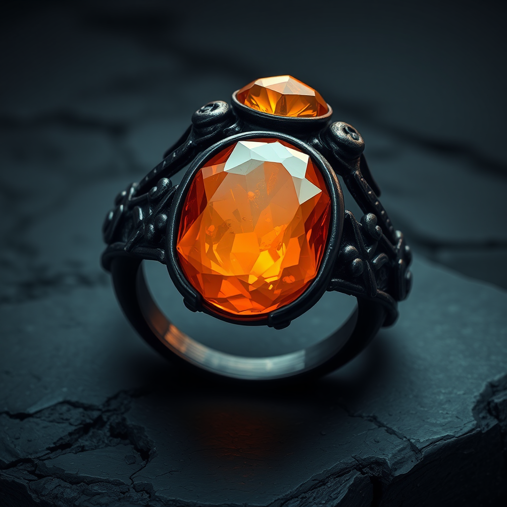 Dark Metal Ring with Orange Magic Stone Sample AI Image