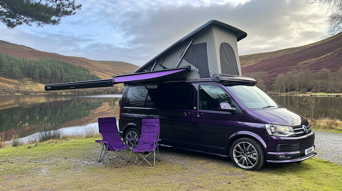 Dark Purple Blackberry Metallic 2014 T5 Transporter Camper Van with Pop Top, Side Awning, Dogs by Lake - Raw Style 16:9