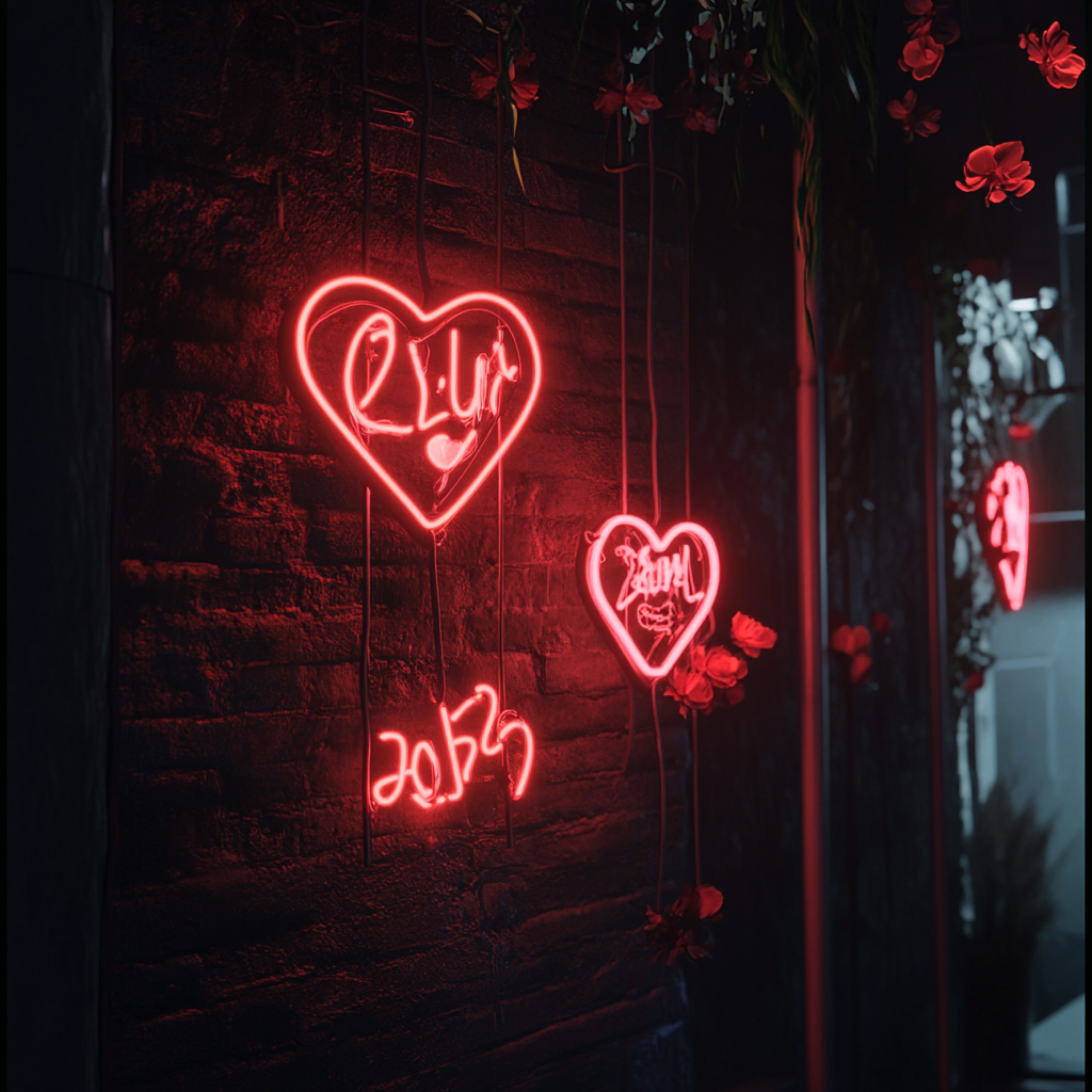 Dark Wall with Neon Signs of Broken Hearts, Red Kisses, and Flowers - Cinematic 8K Real Photo