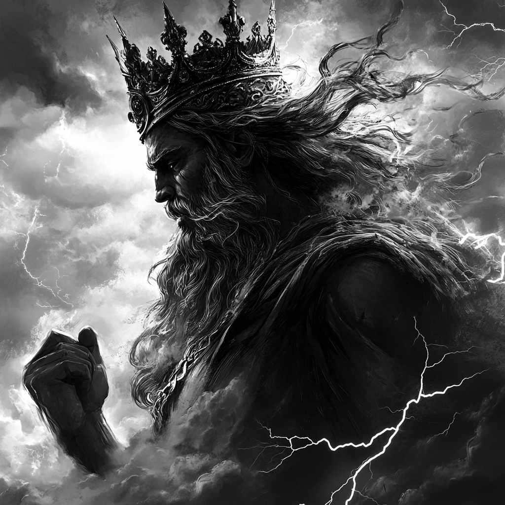 Dark Zeus with Lightning, Crown and Stormy Sky