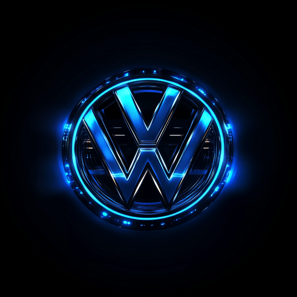 Dark abstract graphic, close-up of glowing Volkswagen logo.