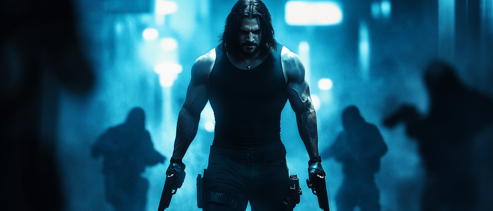 Dark action movie poster with muscular protagonist holding guns.