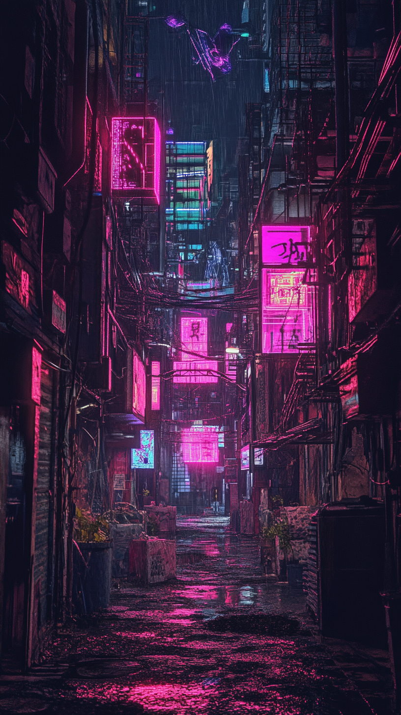 Dark alley, neon lights, symmetrical, atmospheric. Futuristic dystopian cityscape.