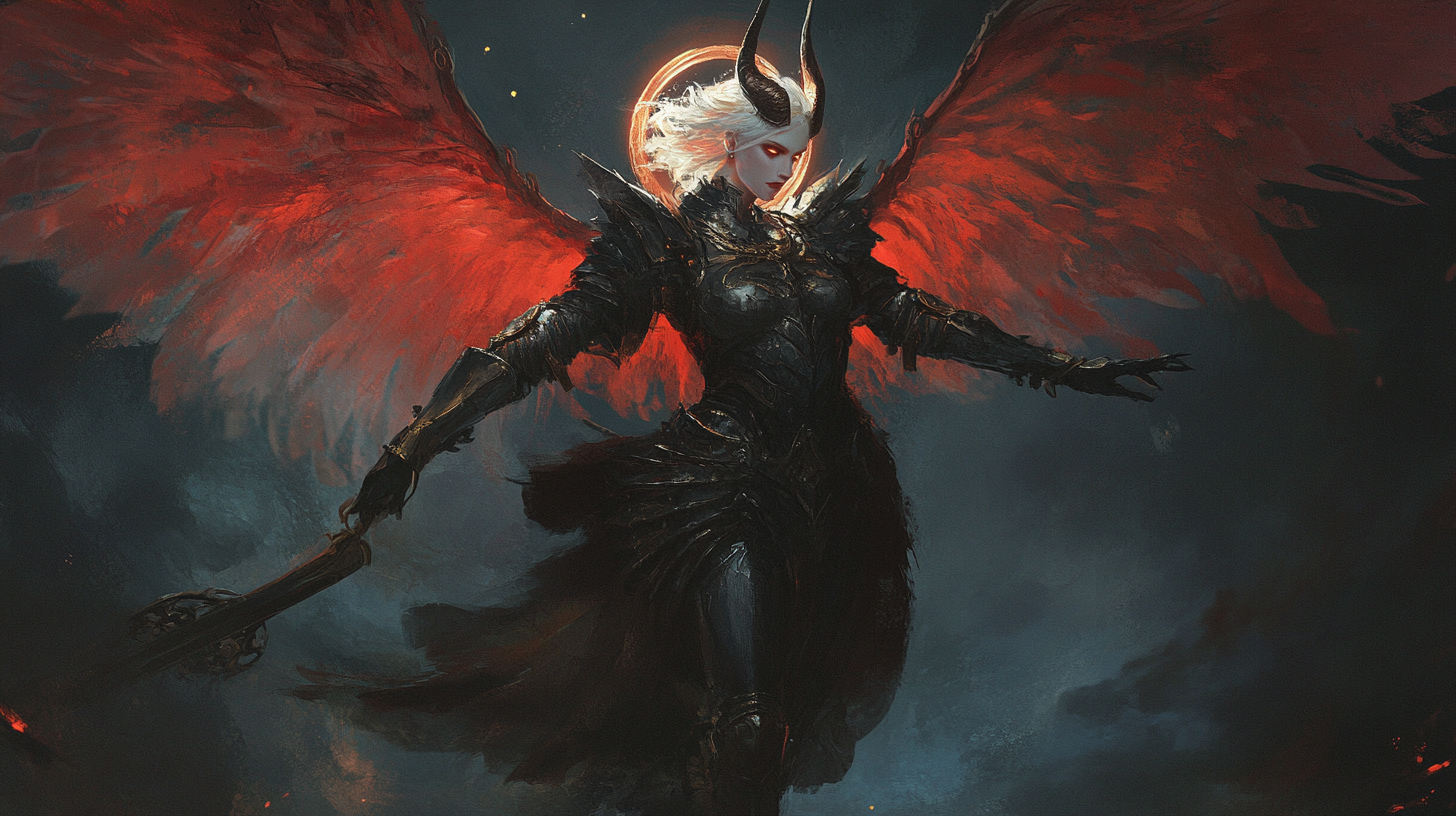 Dark armored fallen angel with fire halo and red wings.