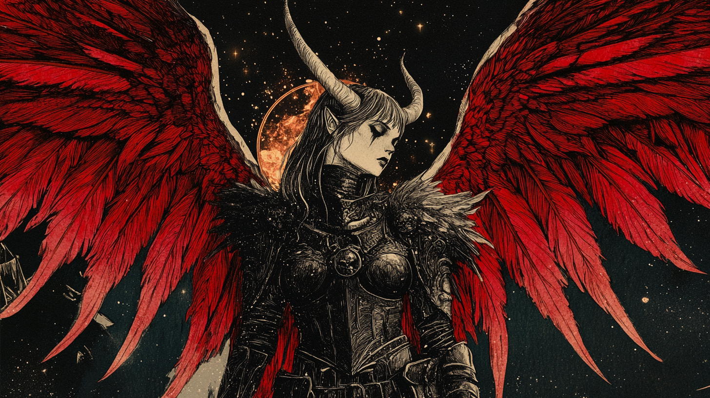 Dark armored fallen angel with red and seraph wings.