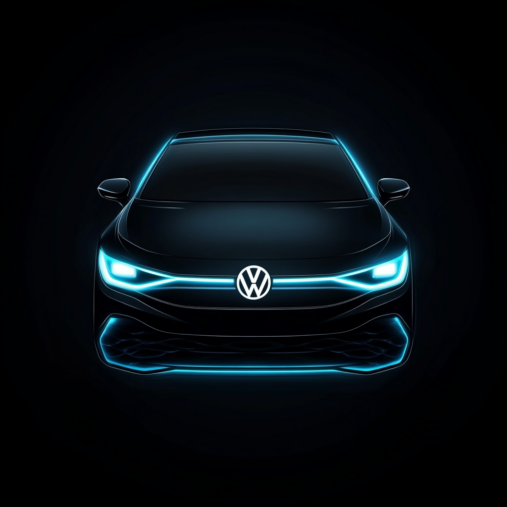 Dark background, flat Volkswagen logo, blue pulsating energy.