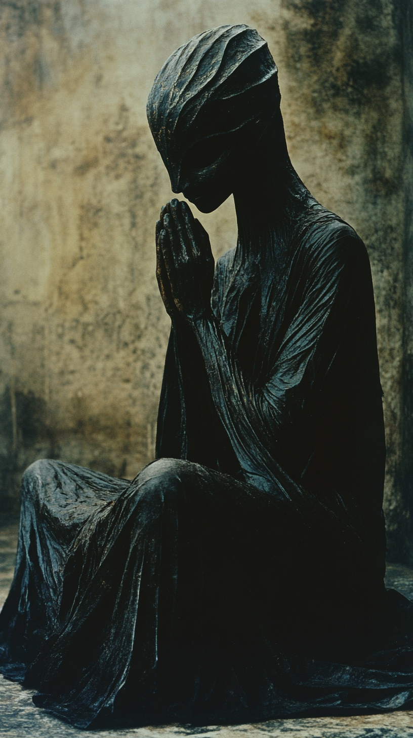 Dark blurry giger deity meditating in eerie portrait.