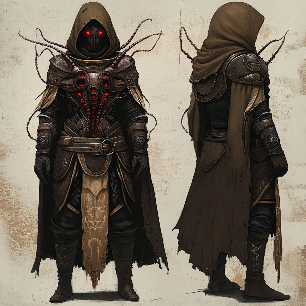 Dark brown leather armor, red-eyed inquisitor with centipede features.