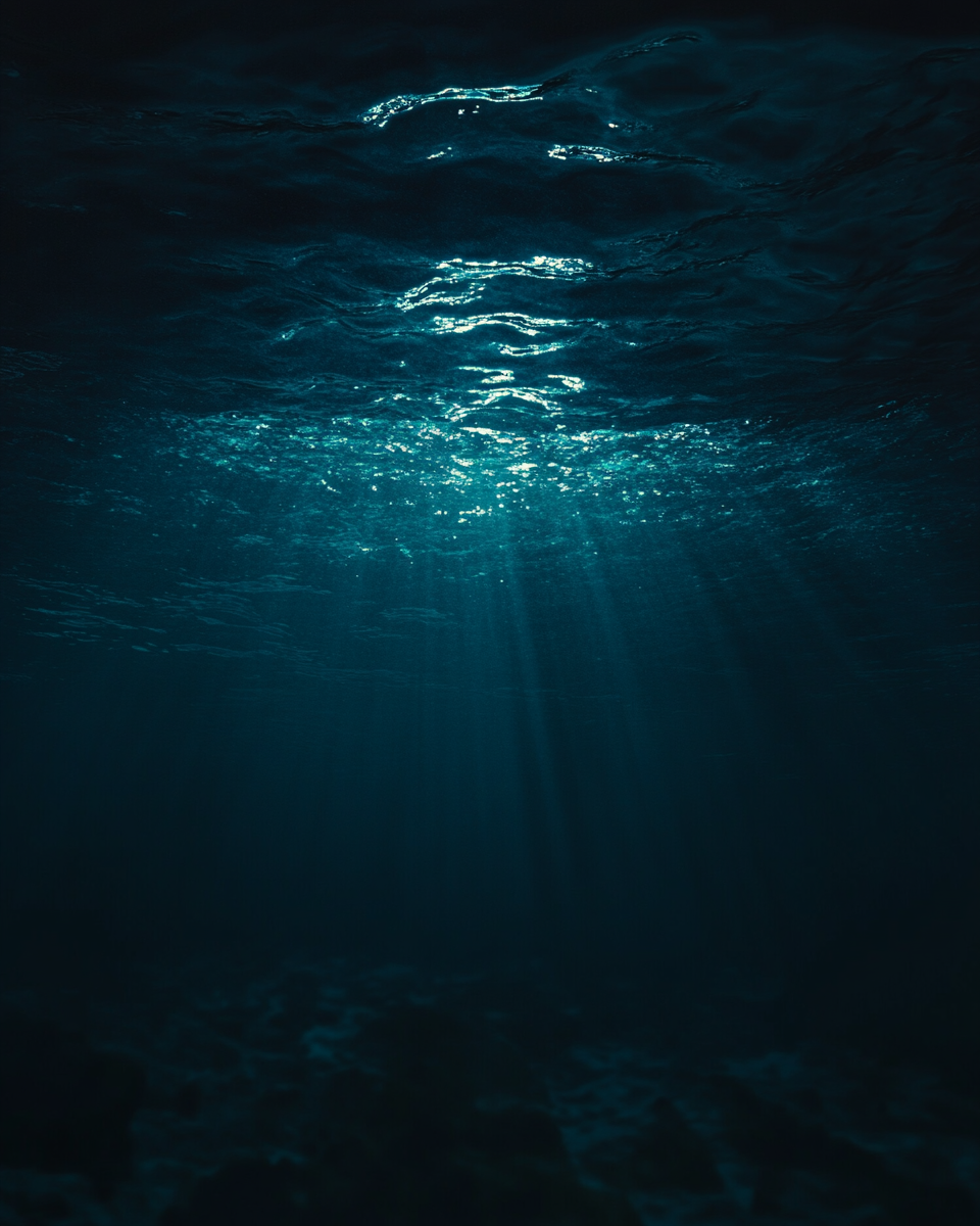 Dark cinematic night in deep black ocean depths.