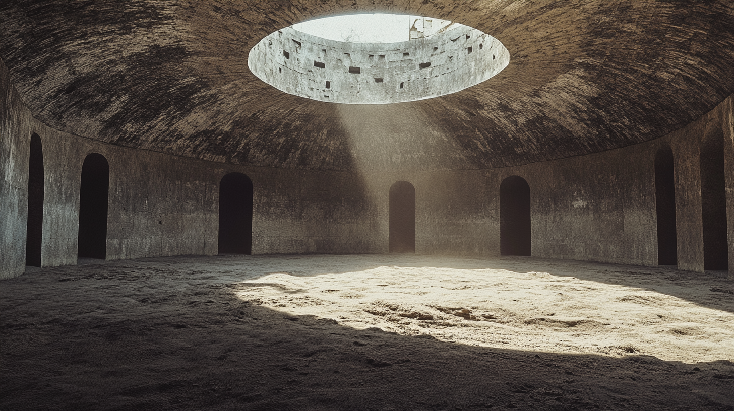 Dark circular room in ancient ruin filled with sand.