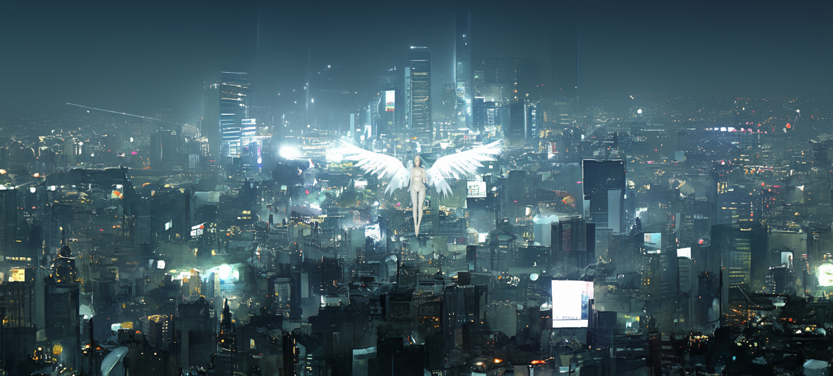 Dark cityscape at night, angel flies above.