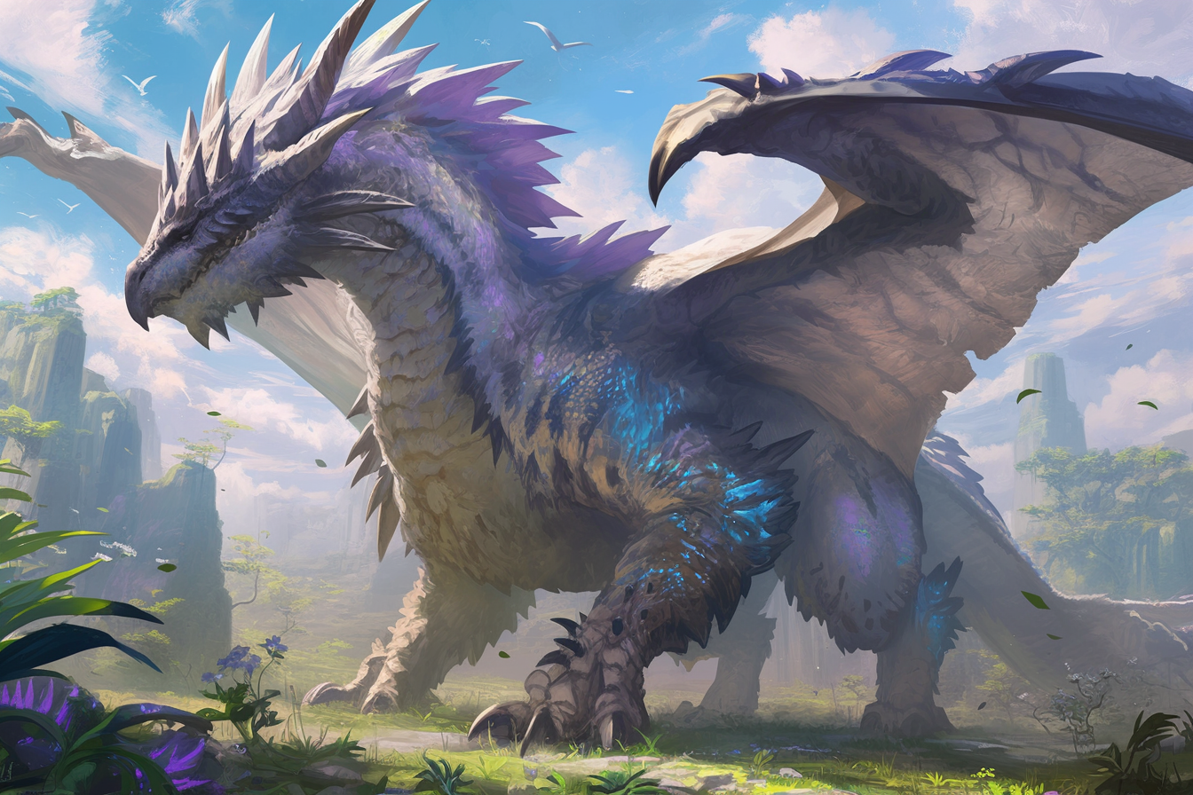 Dark dragon emerges from mystical meadow, anime style art.