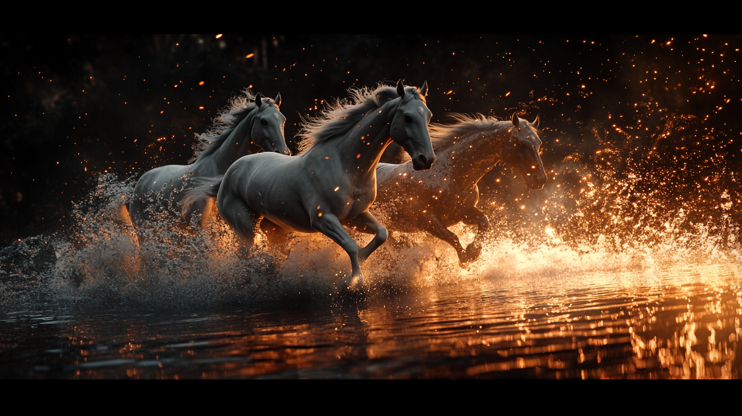 Dark dreamy galloping horses leaving fiery trails behind.