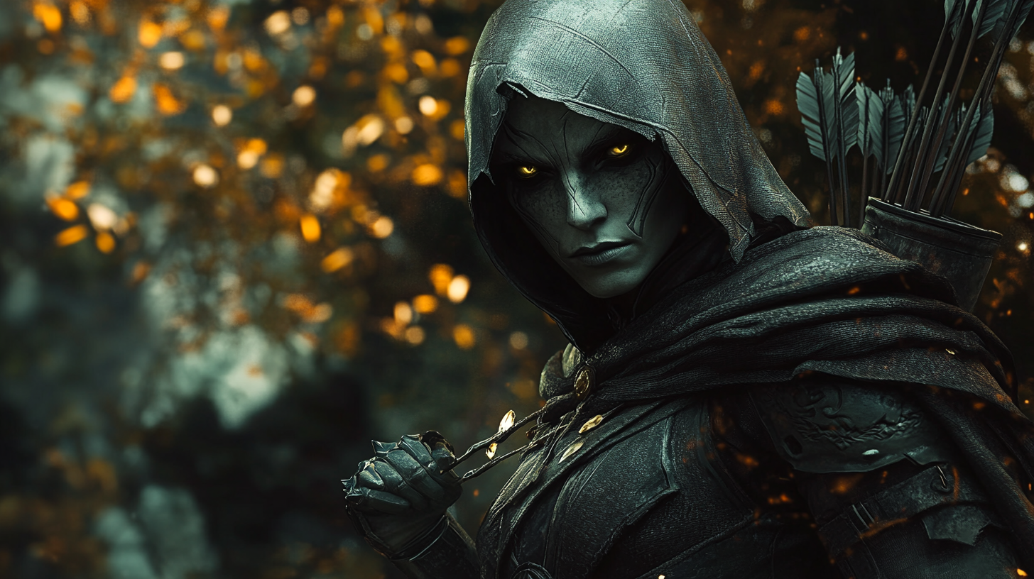 Dark elf rogue thief in 4k ultra detailed pose.