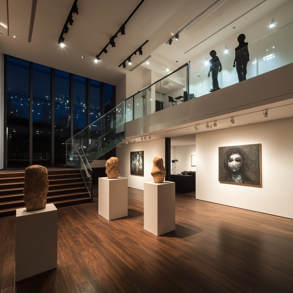 Dark evening event in modern gallery room with mannequins.