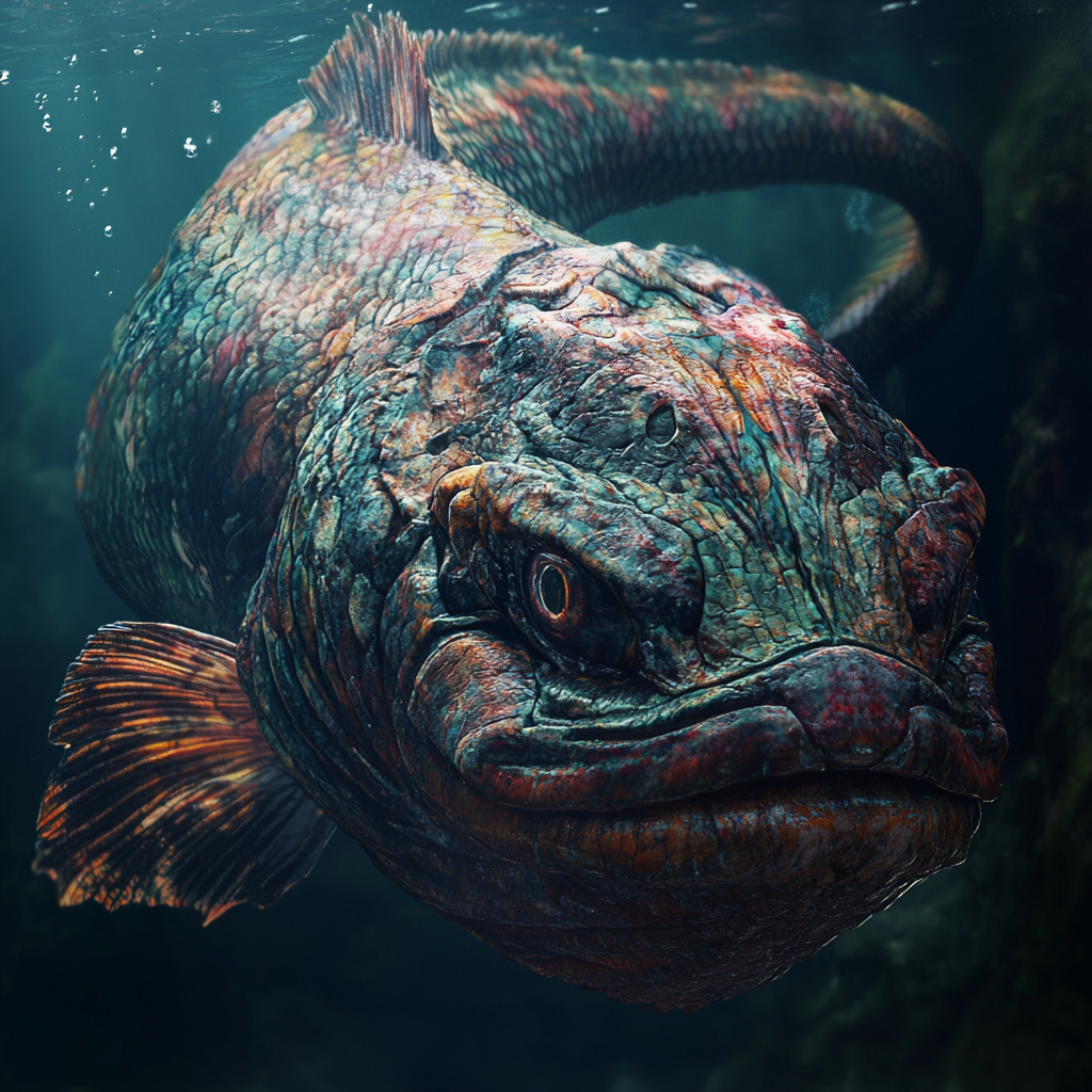 Dark fantasy giant snake-like Chinese regal fish underwater.