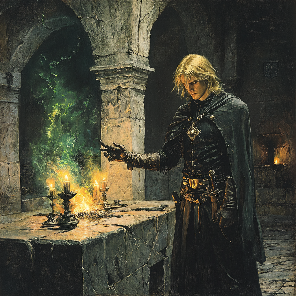 Dark fantasy illustration: young man gazes into flickering flames.