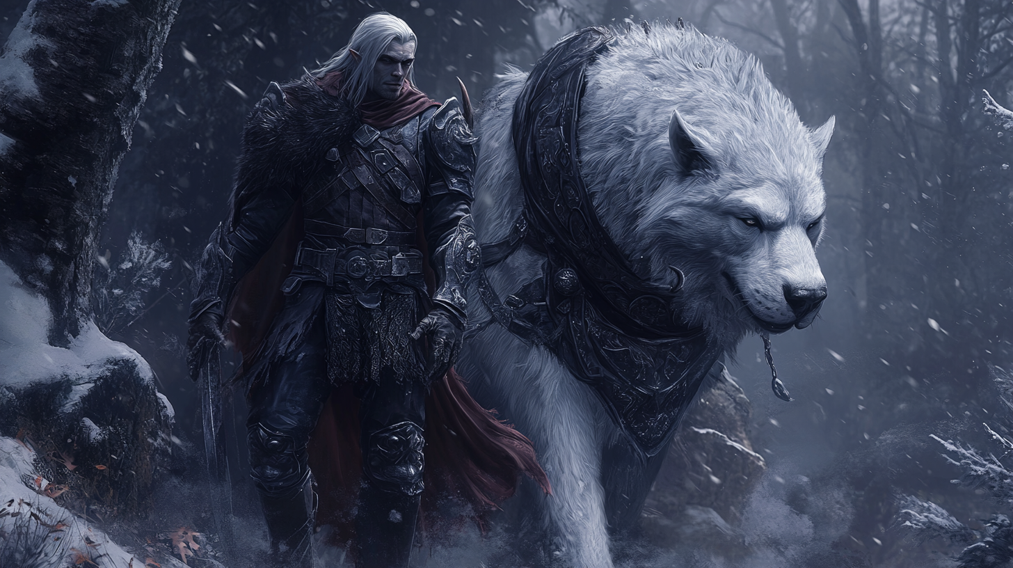 Dark fantasy ranger with animal companion in epic action.