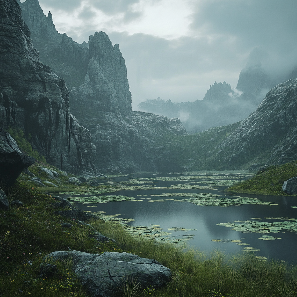 Dark fantasy tundra 3D environment with cinematic dark beauty.