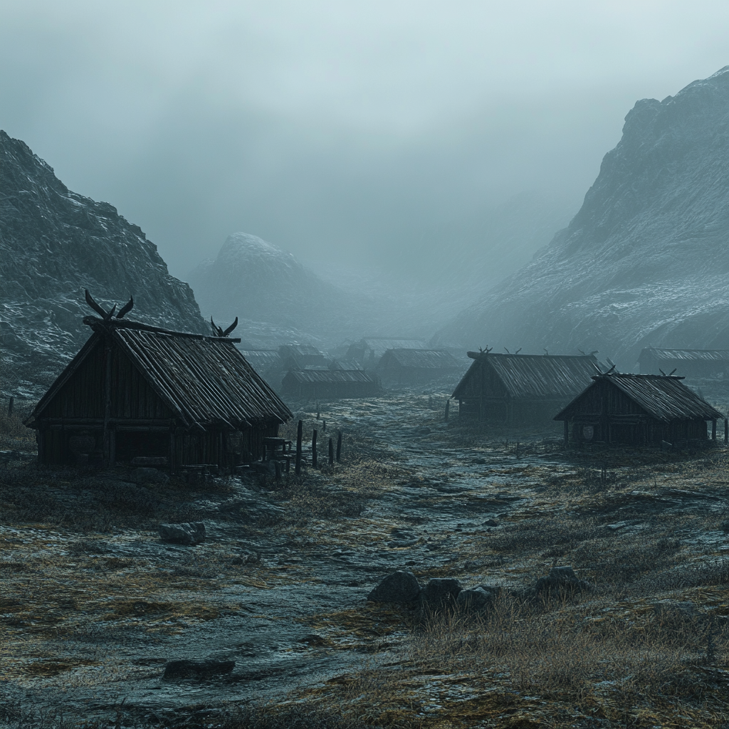 Dark fantasy tundra with small inhabited huts.