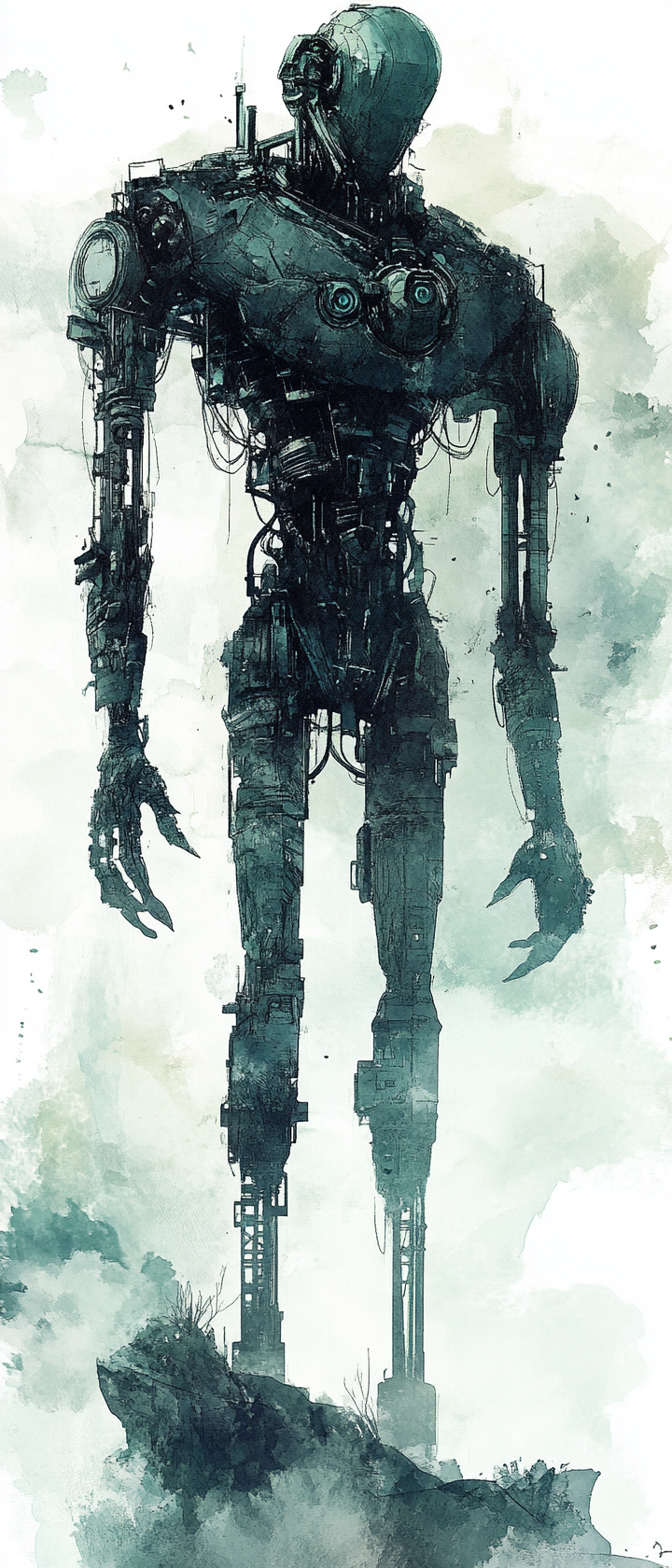 Dark fantasy watercolor art of eerie mechanical construct.