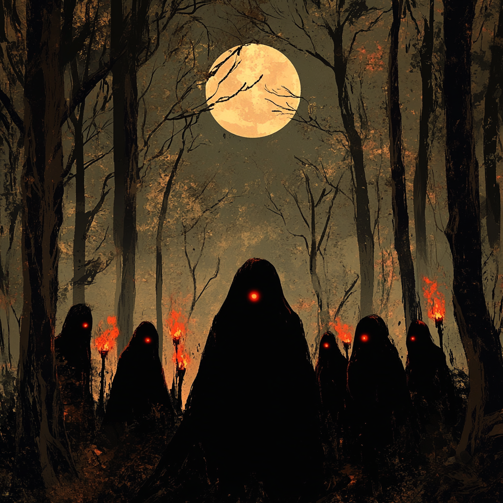 Dark figure in forest with full moon