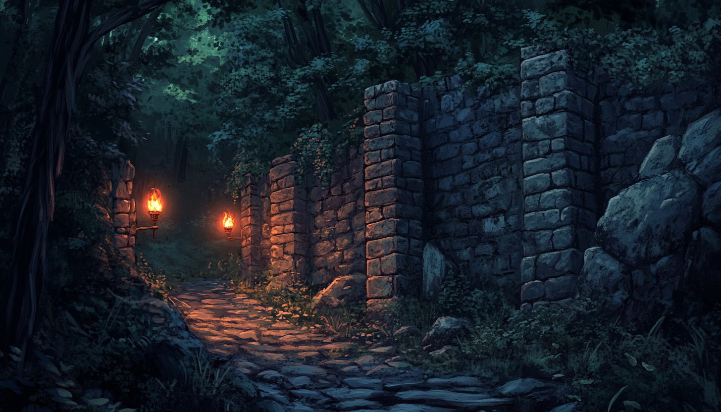 Dark forest hideout with torches, tense atmosphere. Aesthetic realism advertising.