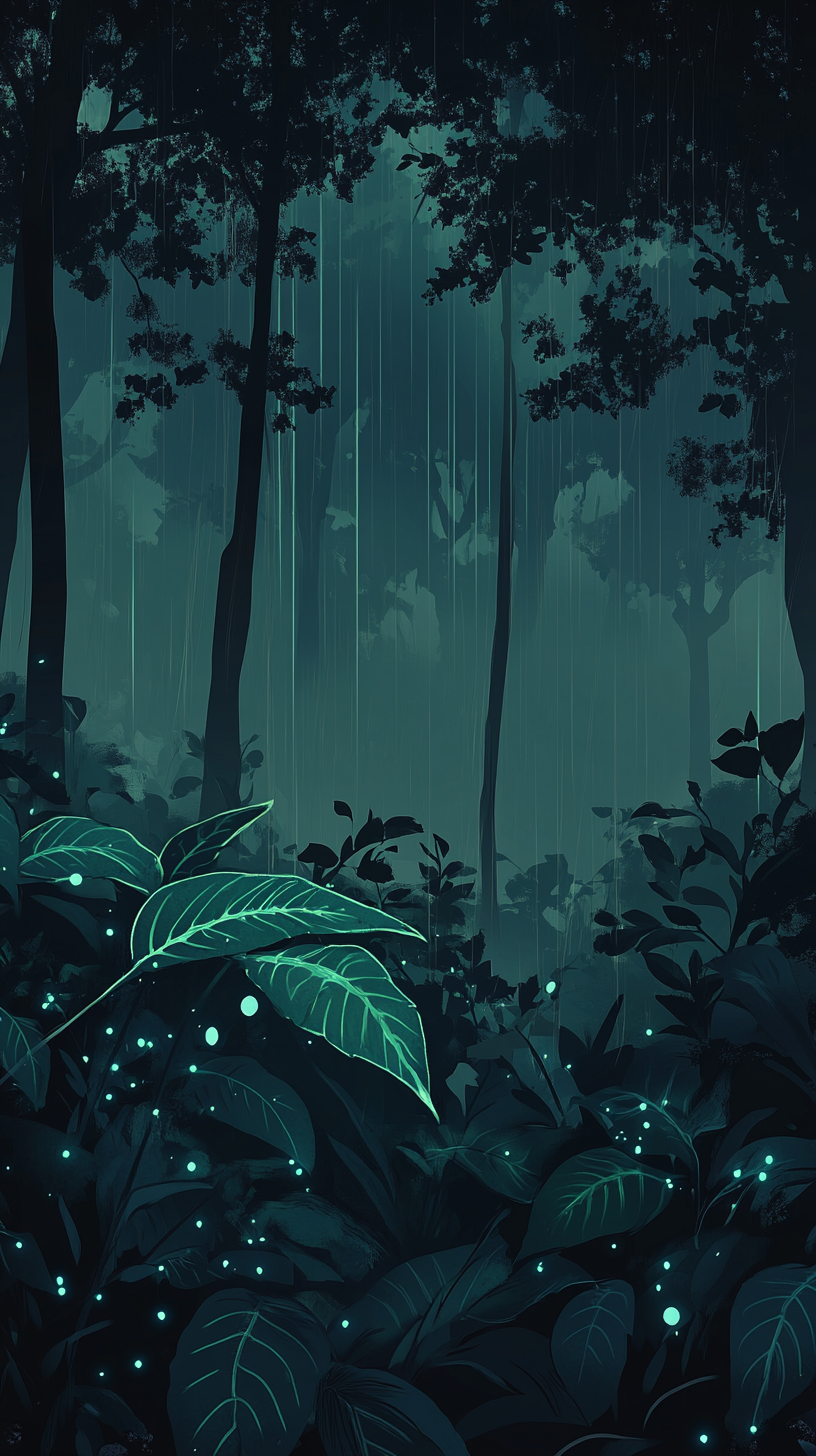 Dark forest scene with green foliage and neon light.