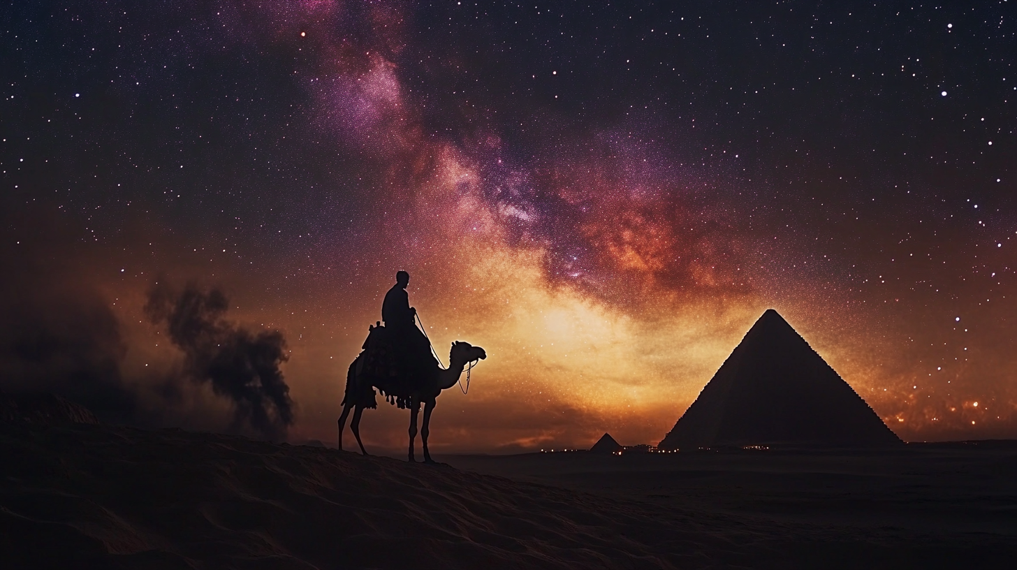 Dark galaxy night sky over Arabian desert with camel rider.