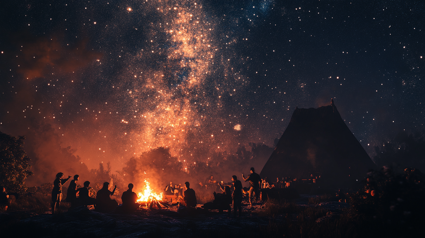 Dark galaxy night sky with village campfire storytelling.