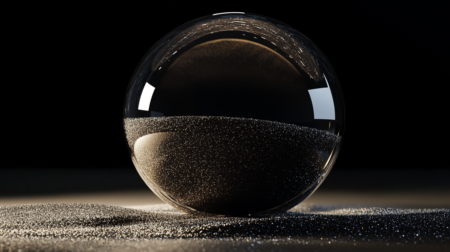 Dark glass abstract object filled with gradient sand swirls.