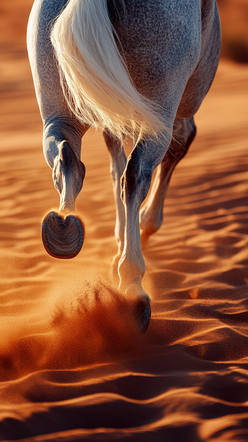 Dark gray horse with white mane running in desert.