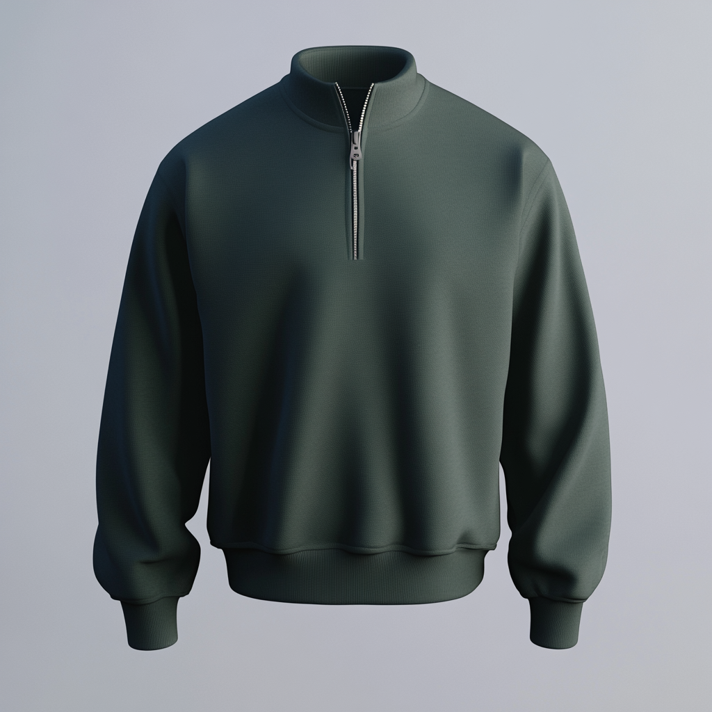 Dark green quarter zip jacket floating realistically in air.